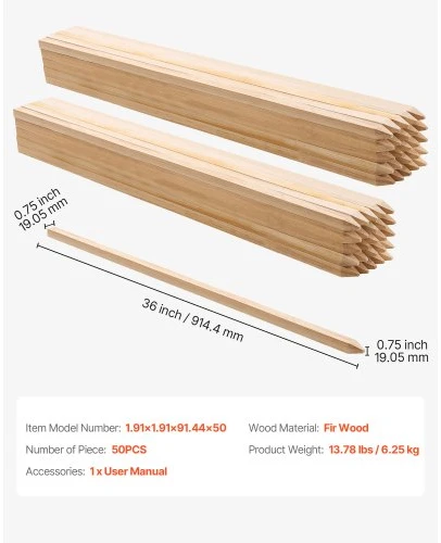 Koduva VEVOR mediniai sodo kuolai, 50 vnt., 19,05×19,05×914,4 mm, eglių mediena, su smailiu galu