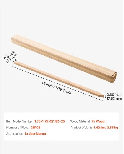 VEVOR Mediniai sodo kuoliukai, 25 vnt., 17.53×12.7×1219.2 mm, eglių medienos, su smailiu galiuku
