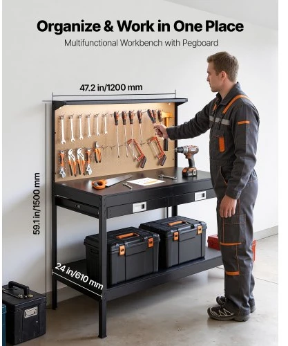VEVOR Medinis darbastalis su lentute, 1200 mm, 110 kg, 4 AC lizdai, 2 USB, 1,5 m kabelis, 30 kabliukų