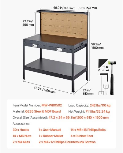 VEVOR Medinis darbastalis su lentute, 1200 mm, 110 kg, 4 AC lizdai, 2 USB, 1,5 m kabelis, 30 kabliukų