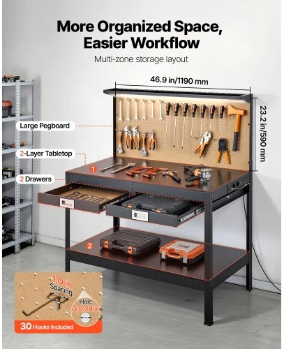 VEVOR Medinis darbastalis su lentute, 1200 mm, 110 kg, 4 AC lizdai, 2 USB, 1,5 m kabelis, 30 kabliukų
