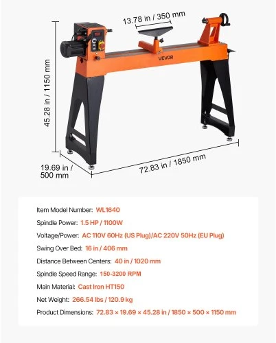 Koduva VEVOR medžio tekinimo staklės, 1100 W / 1,5 AG, 150–3200 aps./min., 406 x 1020 mm