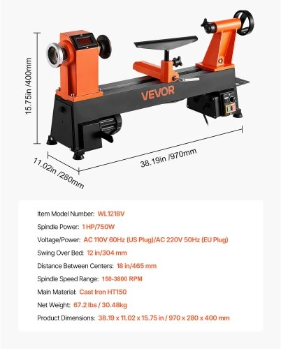 Koduva VEVOR medžio tekinimo staklės, 750 W / 1 AG, 150–3800 aps./min., 304 x 465 mm, stalviršinės