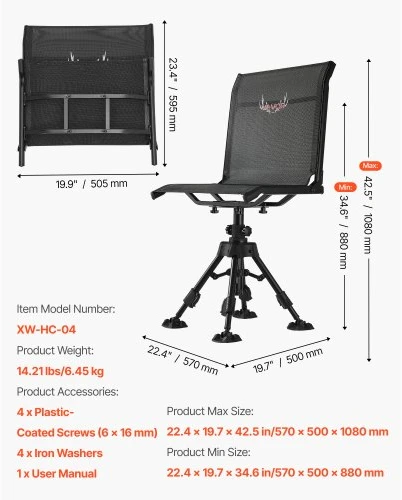VEVOR Medžioklės kėdė, 360° tyliai besisukanti, sulankstoma, reguliuojamo aukščio, plieno rėmas, 158 kg