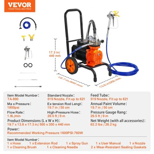 Koduva VEVOR membraninis beoris dažų purkštuvas TA-890, 900 W, 1800 psi