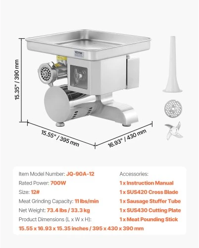 VEVOR Mėsmalė, 700 W, 11 lbs/min, nerūdijantis plienas, JQ-90A-12