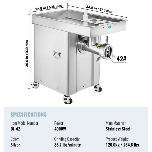 VEVOR Mėsmalė DJ-42, 36.7 lbs/min, 4000 W, sidabrinė, nerūdijantis plienas