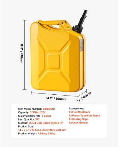 VEVOR Metalinė kuro talpa, 20 l, su snapeliu ir patogia rankena, 6 l/min, geltona