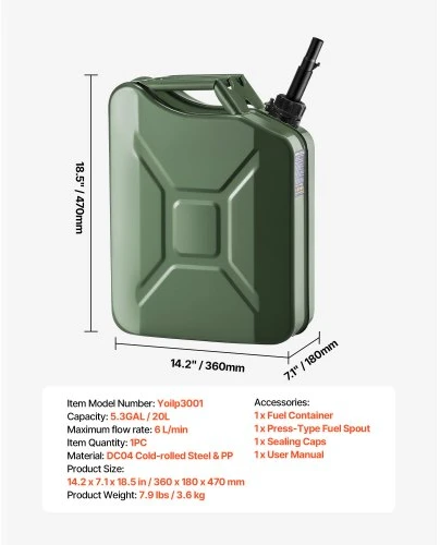 VEVOR Metalinė kuro talpa, 20 l, su snapeliu ir patogia rankena, 6 l/min, žalia