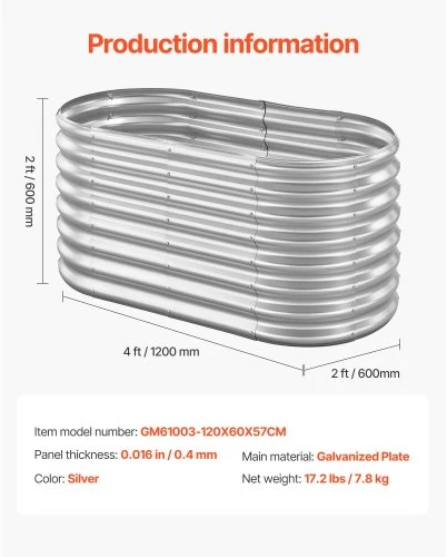 VEVOR Metalinė paaukštinta lysvė, ovali, 1,2 x 0,6 x 0,6 m, cinkuota, be dugno