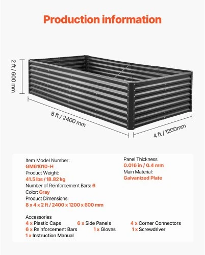 Koduva VEVOR metalinė paaukštinta sodo lysvė, 2,4 x 1,2 x 0,6 m, cinkuoto metalo, atvira apačia, tamsiai pilka