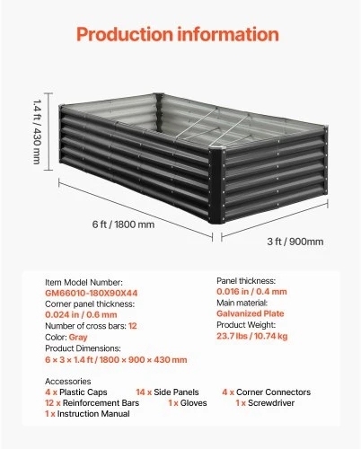 Koduva VEVOR metalinė pakelta lysvė, 1,8 x 0,9 x 0,4 m, cinkuota, atvira apačia, tamsiai pilka