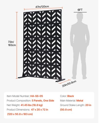 VEVOR Metalinė privatumo pertvara, 47" W x 72" H, 5 skydų, laisvai pastatoma, juoda