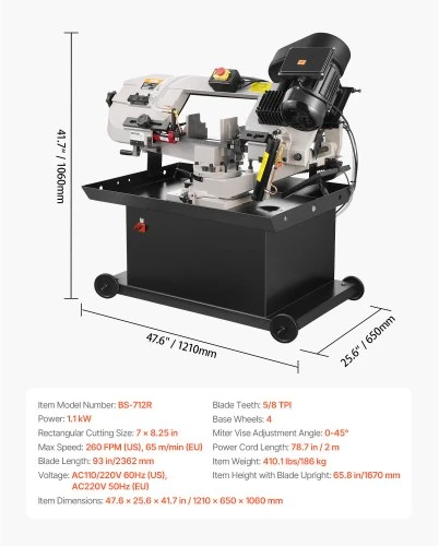VEVOR Metalinis horizontalus juostinis pjūklas BS-712R, 178 x 209 mm, 1,1 kW
