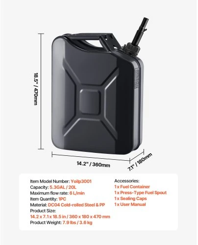 VEVOR Metalinis kuro kanistras, 20 l, su snapeliu ir patogia rankena, 6 l/min, juodas
