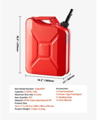 VEVOR Metalinis kuro kanistras, 20 l, su snapeliu ir patogia rankena, 6 l/min, raudonas