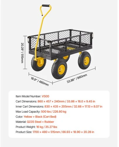 Koduva VEVOR metalinis sodo vežimėlis V500, geltonas, juodas, iki 226,8kg