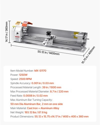 Koduva VEVOR metalinis tekinimo staklės, 220 x 1000 mm, 0–2500 RPM, 1250 W bešepetis variklis