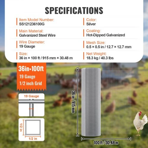 VEVOR Metalinis tinklas 1/2 col., 36 in x 100 ft, 19 gauge, cinkuotas
