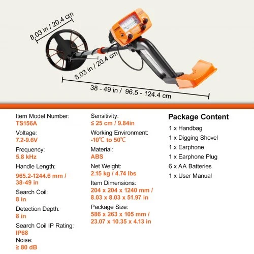 VEVOR Metalo detektorius su 20,3 cm paieškos rite ir reguliuojamu 96,5–124,5 cm kotu