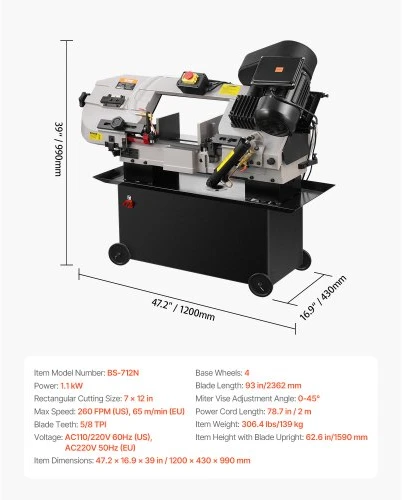 VEVOR Metalo horizontalioji juostinė pjovimo staklė, 178 x 305 mm, 1,1 kW, 220 V