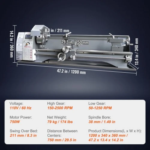 Koduva VEVOR metalo tekinimo staklės, 21,1 cm x 75 cm, 750 W, WM210V-L