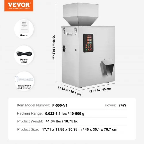 VEVOR Miltelių pildymo mašina, 10–500g, automatinė išmanioji dalelių svėrimo pildymo mašina