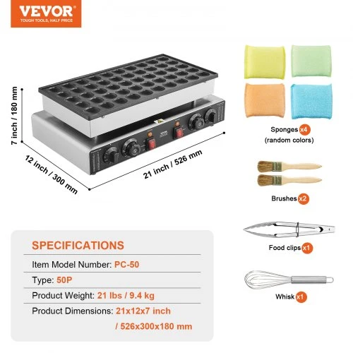 Koduva VEVOR mini blynelių keptuvė PC-50, 50 vnt., 43 mm, 1700 W, sidabrinė