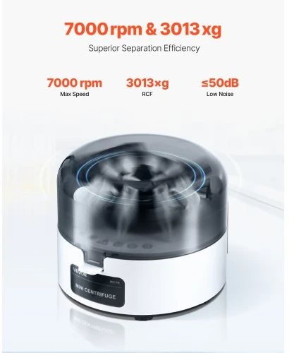 Koduva VEVOR mini centrifuga laboratorijai, 3013xg RCF, 2-in-1 rotorius, 0,2/1,5/2 ml mėgintuvėliams, fiksuotas 7000 aps./min.