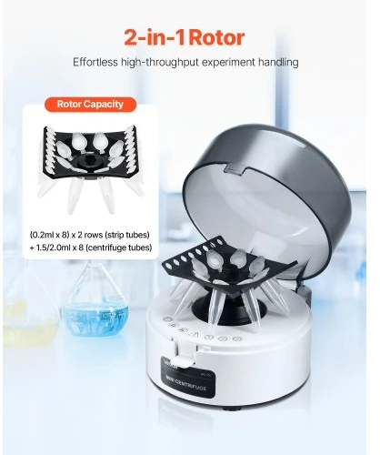 Koduva VEVOR mini centrifuga laboratorijai, 3013xg RCF, 2-in-1 rotorius, 0,2/1,5/2 ml mėgintuvėliams, fiksuotas 7000 aps./min.