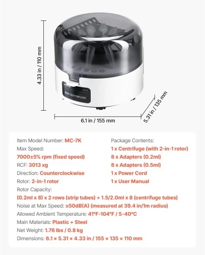 Koduva VEVOR mini centrifuga laboratorijai, 3013xg RCF, 2-in-1 rotorius, 0,2/1,5/2 ml mėgintuvėliams, fiksuotas 7000 aps./min.