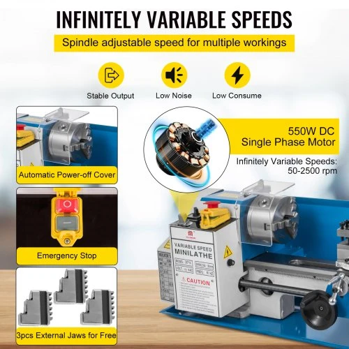 Koduva VEVOR mini metalo tekinimo staklės, 550 W, kintamo greičio, 50–2500 aps./min., 7x14 col.