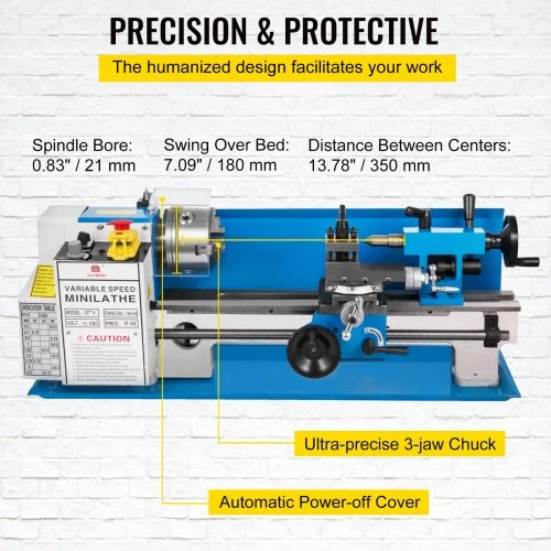 Koduva VEVOR mini metalo tekinimo staklės, 550 W, kintamo greičio, 50–2500 aps./min., 7x14 col.