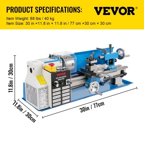 Koduva VEVOR mini metalo tekinimo staklės, 180 x 350 mm, 550W, kintamo greičio, 3 žandikaulių griebtuvas