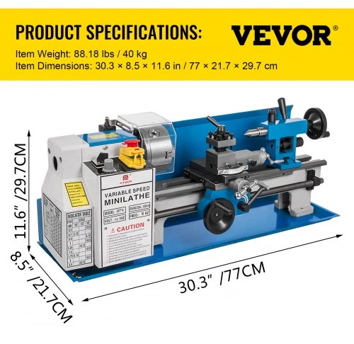 Koduva VEVOR mini metalo tekinimo staklės, 550 W, kintamo greičio, 50–2500 aps./min., 7x14 col.