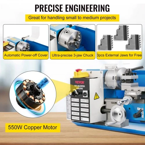 Koduva VEVOR mini metalo tekinimo staklės, 180 x 350 mm, 550W, kintamo greičio, 3 žandikaulių griebtuvas