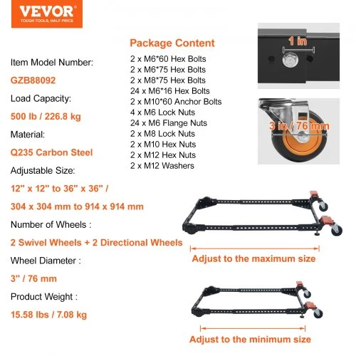 VEVOR Mobilus pagrindas, 500 lb keliamoji galia, reguliuojamas nuo 12" x 12" iki 36" x 36"