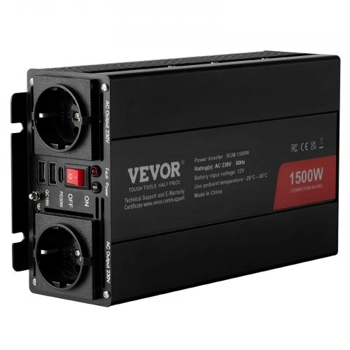 VEVOR Modifikuotos sinusoidės keitiklis, 1500 W, 12 V DC į 230 V AC, su 2 AC lizdais, 2 USB prievadais, 1 Type-C prievadu, SGM-1500W