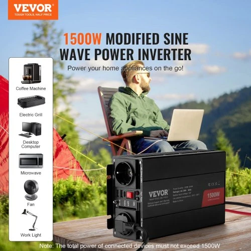 VEVOR Modifikuotos sinusoidės keitiklis, 1500 W, 12 V DC į 230 V AC, su 2 AC lizdais, 2 USB prievadais, 1 Type-C prievadu, SGM-1500W