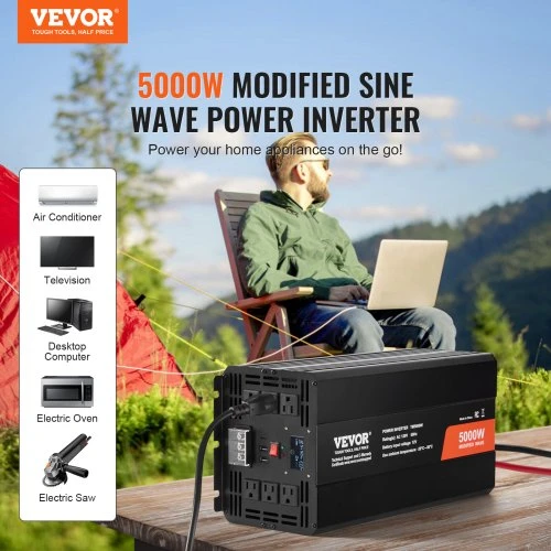 Koduva VEVOR modifikuotos sinusoidės keitiklis, 5000 W, DC 12 V į AC 230 V, su 2 AC lizdais, 2 USB, 1 USB-C, LCD ir nuotoliniu valdymu