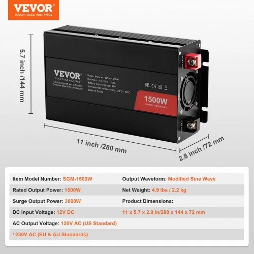VEVOR Modifikuotos sinusoidės keitiklis, 1500 W, 12 V DC į 230 V AC, su 2 AC lizdais, 2 USB prievadais, 1 Type-C prievadu, SGM-1500W