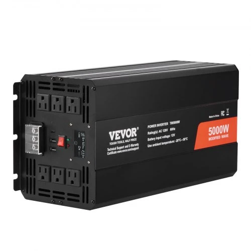 Koduva VEVOR modifikuotos sinusoidės keitiklis, 5000 W, DC 12 V į AC 230 V, su 2 AC lizdais, 2 USB, 1 USB-C, LCD ir nuotoliniu valdymu
