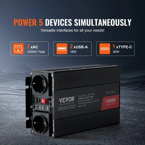VEVOR Modifikuotos sinusoidės keitiklis, 1500 W, 12 V DC į 230 V AC, su 2 AC lizdais, 2 USB prievadais, 1 Type-C prievadu, SGM-1500W