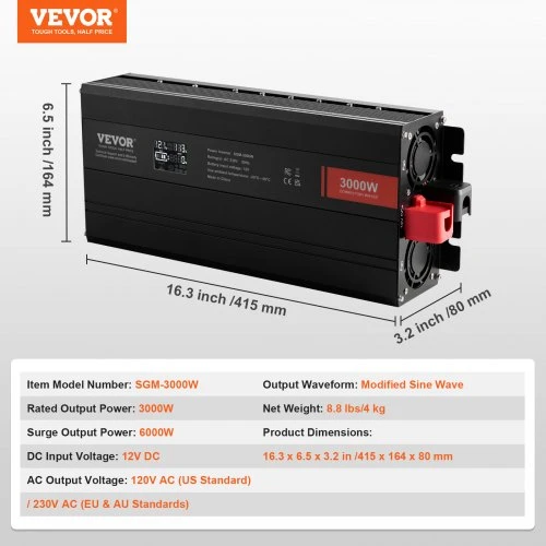 VEVOR Modifikuotos sinusoidės keitiklis, 3000 W, DC 12 V į AC 230 V, SGM-3000W