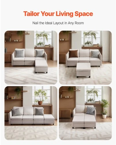 VEVOR Modulinė kampinė sofa, 3 vietų, su paslėpta daiktadėže, šviesiai smėlinė