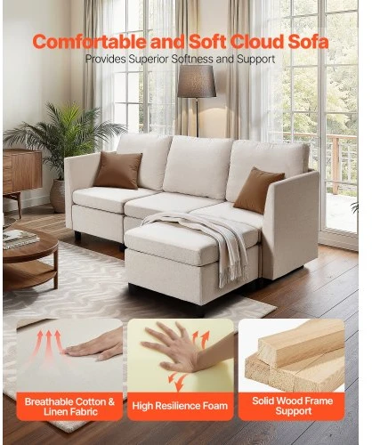 VEVOR Modulinė kampinė sofa, 3 vietų, su paslėpta daiktadėže, šviesiai smėlinė