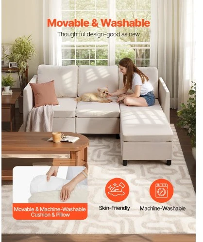 VEVOR Modulinė kampinė sofa, 3 vietų, su paslėpta daiktadėže, šviesiai smėlinė