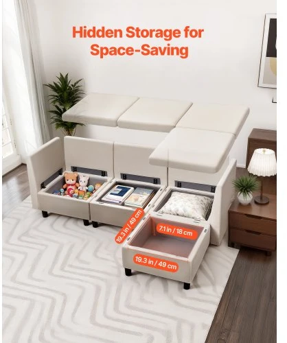 VEVOR Modulinė kampinė sofa, 3 vietų, su paslėpta daiktadėže, šviesiai smėlinė
