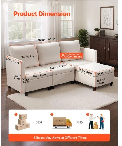 VEVOR Modulinė kampinė sofa, 3 vietų, su paslėpta daiktadėže, šviesiai smėlinė