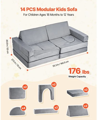 VEVOR Modulinė vaikų žaidimų sofa, 14 dalių, pilka